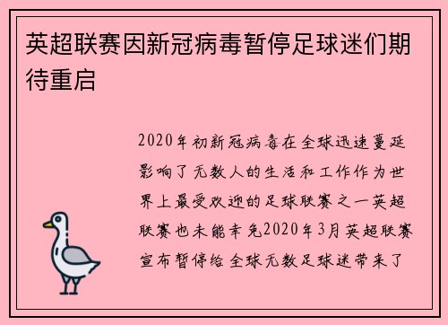 英超联赛因新冠病毒暂停足球迷们期待重启