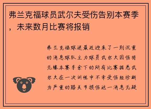弗兰克福球员武尔夫受伤告别本赛季，未来数月比赛将报销