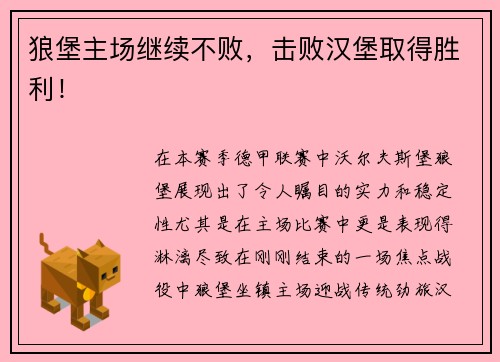 狼堡主场继续不败，击败汉堡取得胜利！